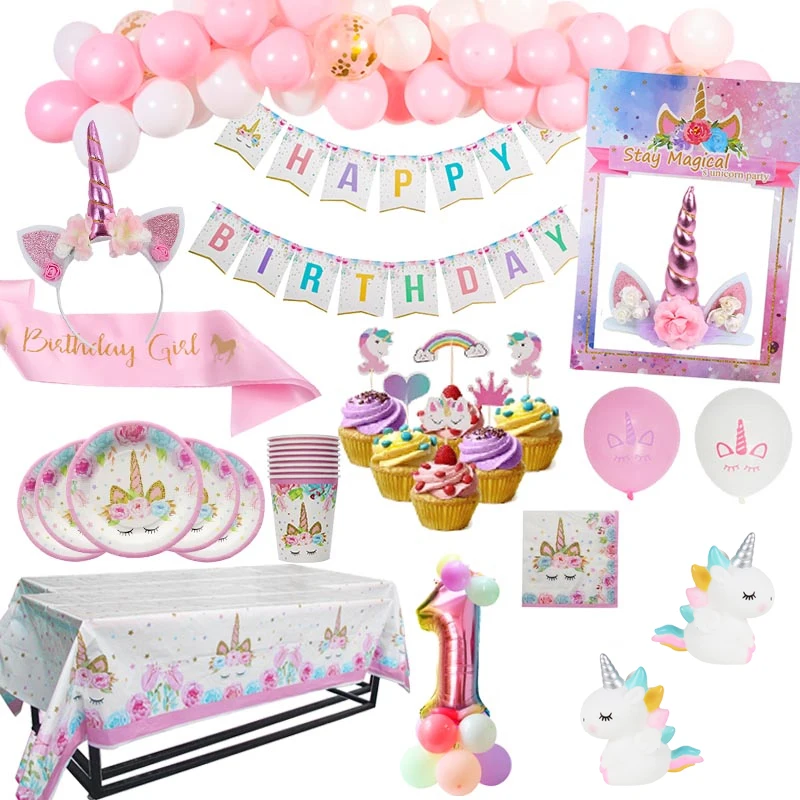 

Unicorn Party Supplies Disposable Plates Tablecloth Cup Banner Cake Topper Kids First Birthday Decor Baby Shower Decorations