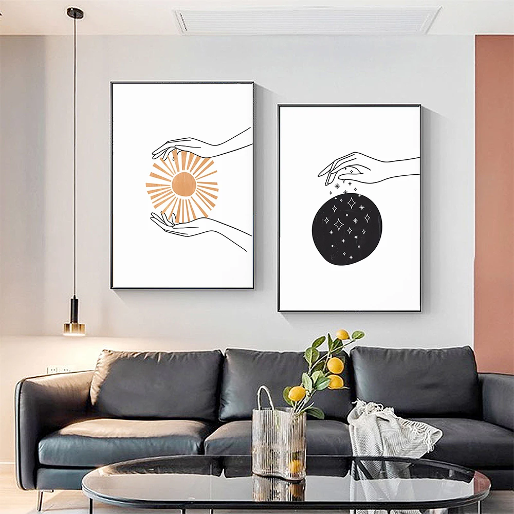 

Nordic Abstract Line Canvas Painting Hand Pick Sun Moon Stars Wall Art Posters Print Interior Living Room Home Decor Pictures