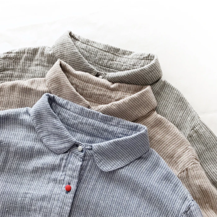 

Lamtrip Boutique Quality Peter Pan Collar Long Sleeve Cotton Yarn Striped Covered Buttons Shirt Blouse