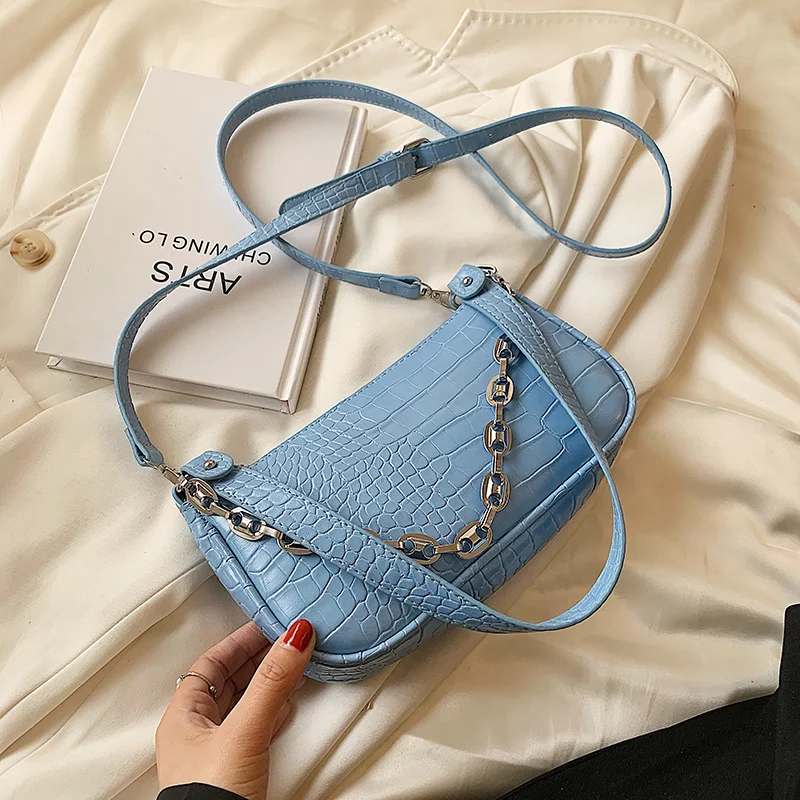 

Stone Pattern Small PU Leather Baguette Underarm Crossbody Bags for Women 2021 Summer Branded Luxury Chain Shoulder Handbags