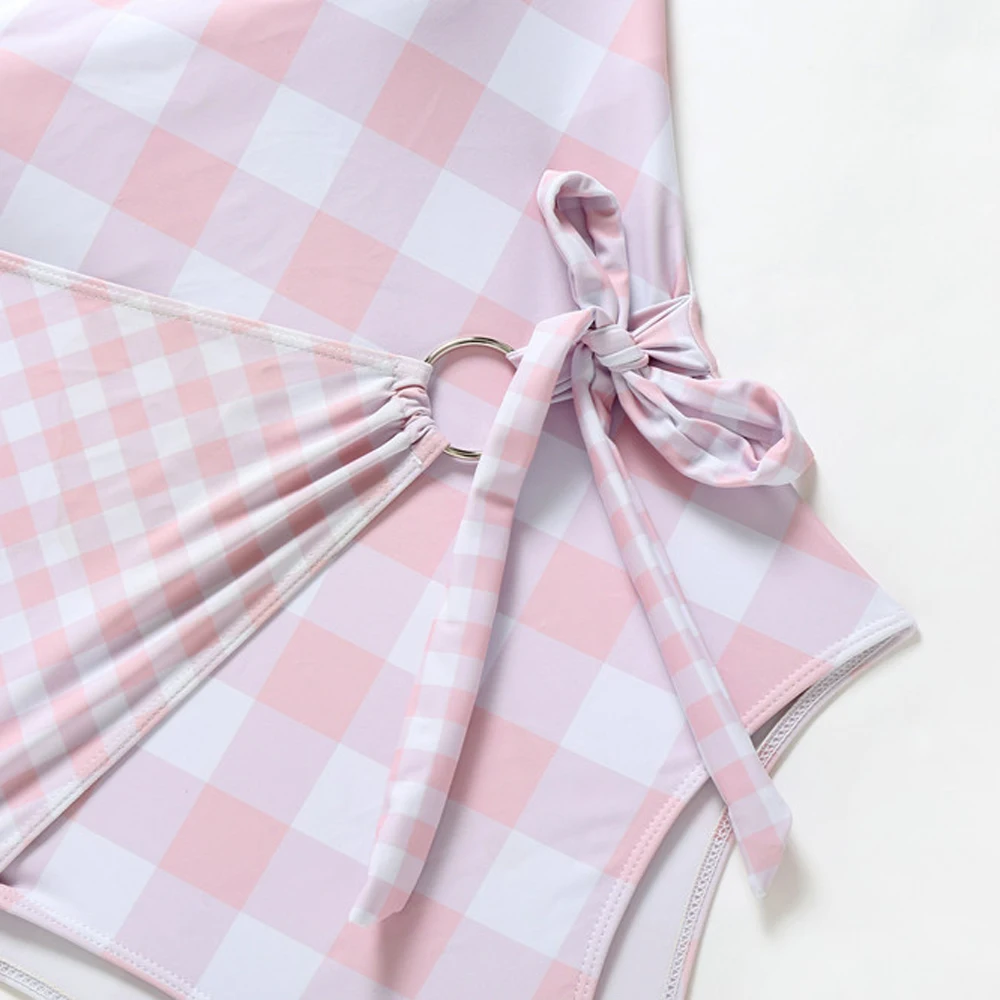 Женский цельный купальник бандажный с завязками клетчатый комбинезон бандо