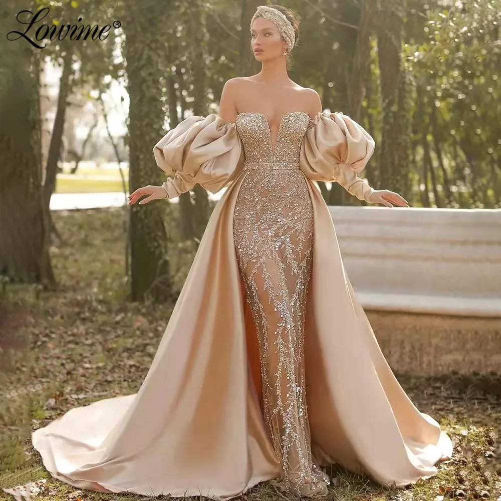 

Champagne Muslim Luxury Sparkle Beaded Evening Gown 2022 Mermaid Long Sleeves For Women Formal Party Dress Prom Dresses Robes