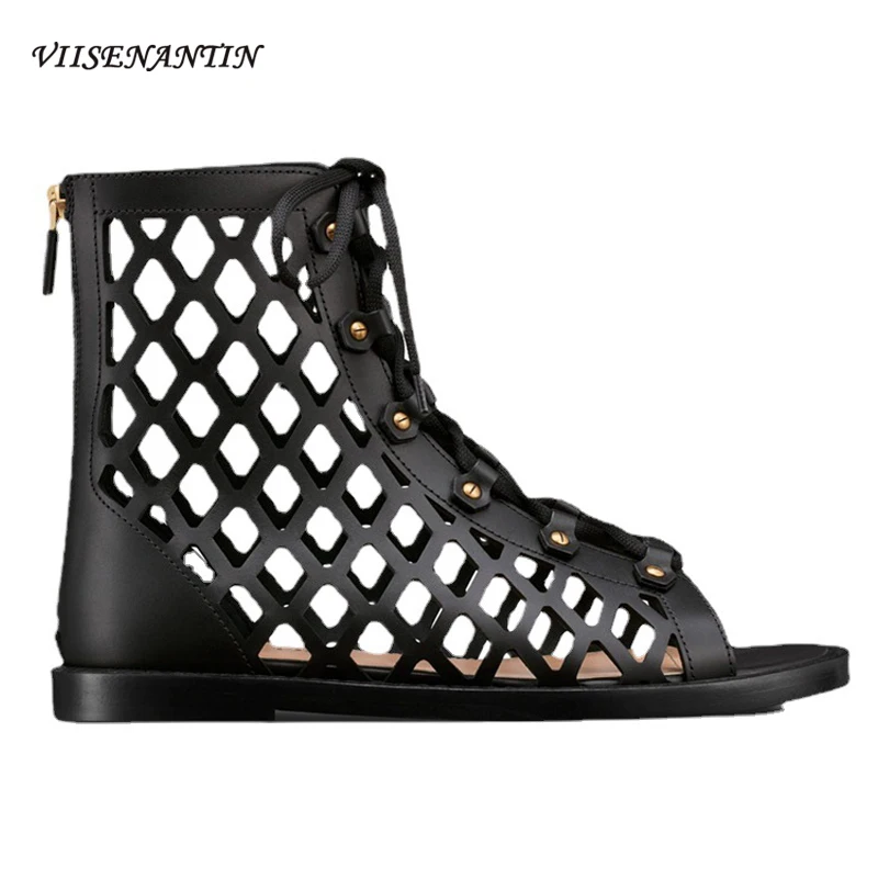

2021 summer hollow leather low-heel lace-up mesh boots casual Roman style European American catwalk large size ladies sandals