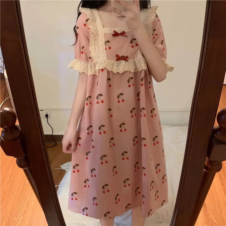 Long Ins Pajamas Women's Summer Short Sleeve Nightdress 2021 New Princess Wind Sweet Lovely Girl Home Dress Comfortable