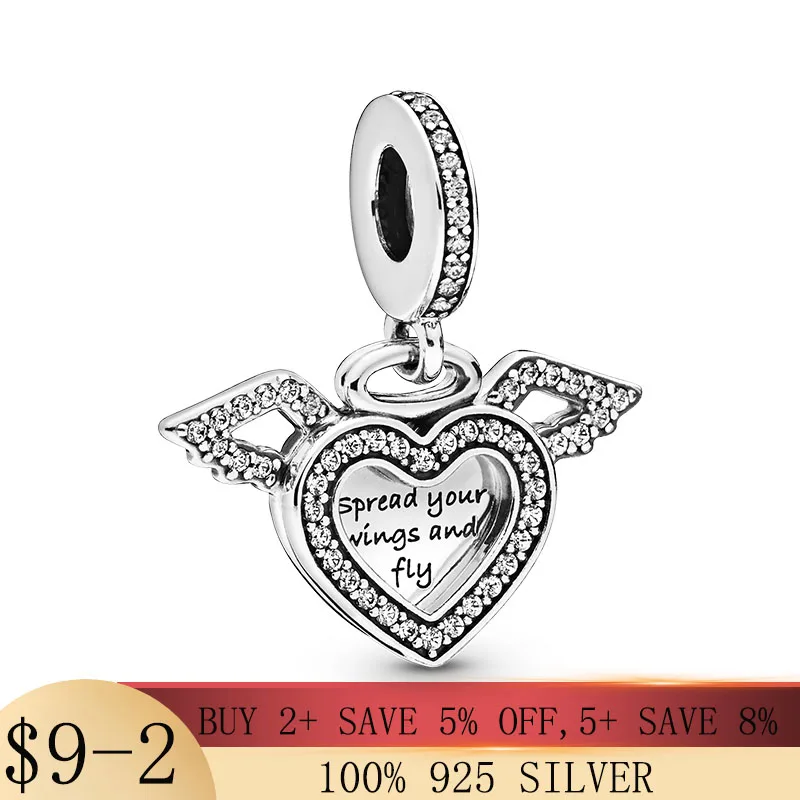 

High Quality 925 Sterling Silver Heart and Angel Wings Dangle Charm Beads fit Original Pandora Bracelet Silver 925 Jewelry Gift
