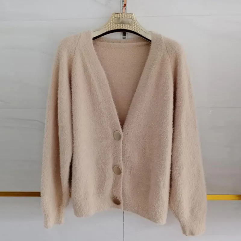 

Faux Mink Single-breasted Women Cardigans Tops 2020 Autumn Long Sleeve V-neck Korean Fashion Solid Female Sweaters Cardigans