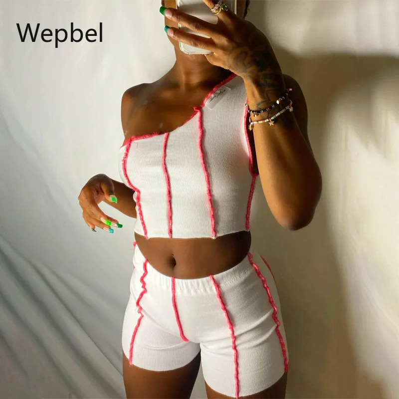 

Wepbel комплект из 2 частей Шорты одежда для клуба Лето Для женщин комплекты бретель через одно плечо жилет укороченный топы, комплекты в стиле ...