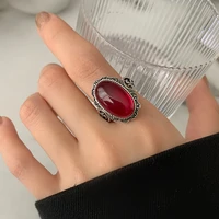 retro exaggerated punk geometric oval red resin stone inlaid big finger rings for women unique unusual ring jewelry accessory
