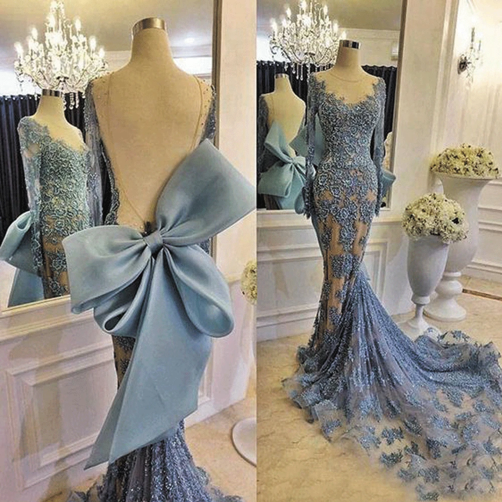 

SuperKimJo Vestidos Elegantes Lace Applique Mermaid Evening Dresses Long Sleeve Dusty Blue Beaded Modest Evening Gown