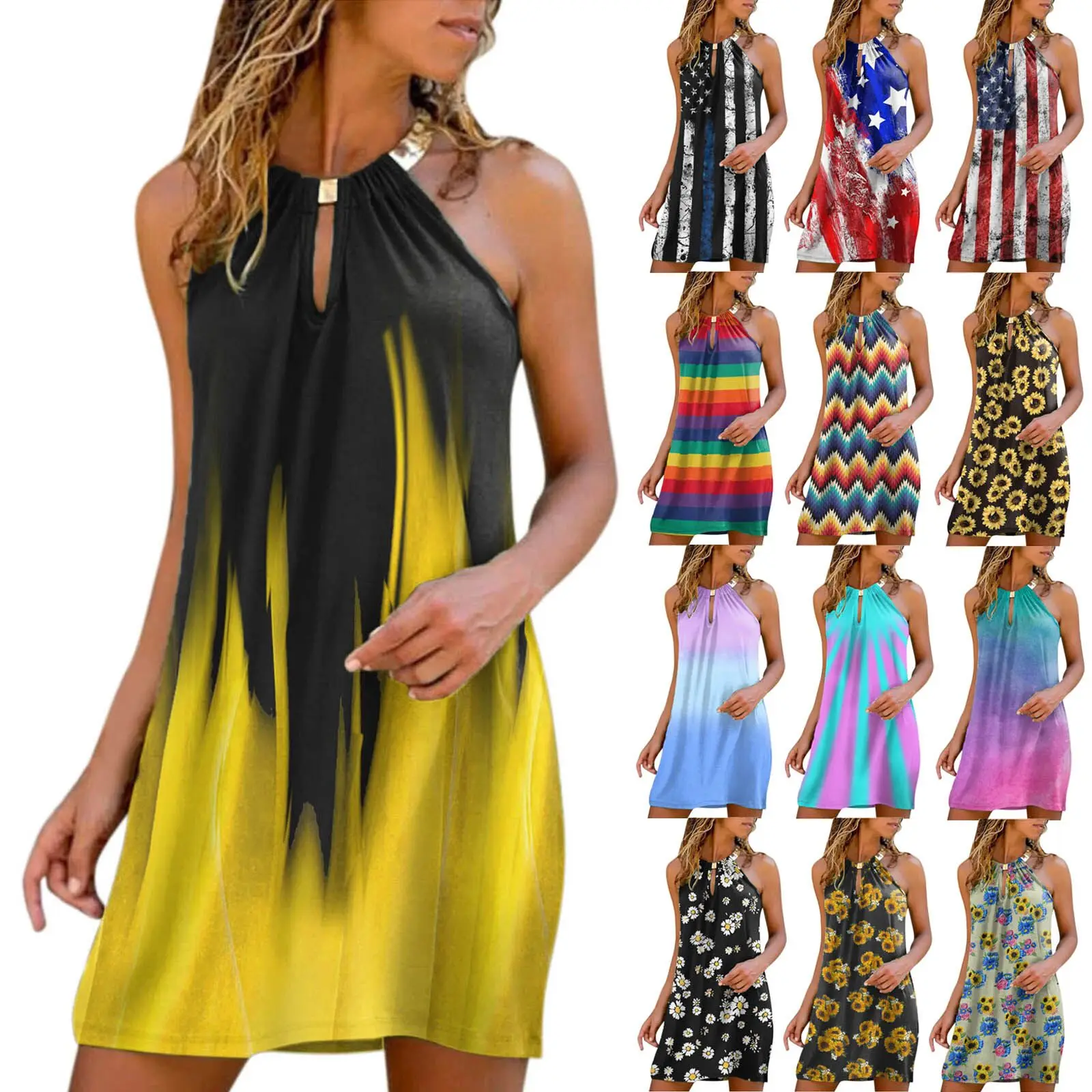 

2022 Dress Women Fashion Independence Day Printed Summer Dress Casual Metal Hanging Neck Strapless Sleeveless Dress Halter Beach