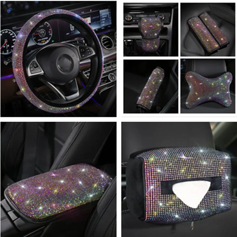 

Bling bling car interior Car Seat Belt Shoulder Pad decorations colorful rhinestones car steering wheel cover Luxury