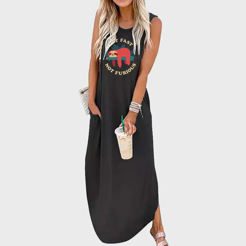 

Женское платье макси без рукавов, с принтом и карманами