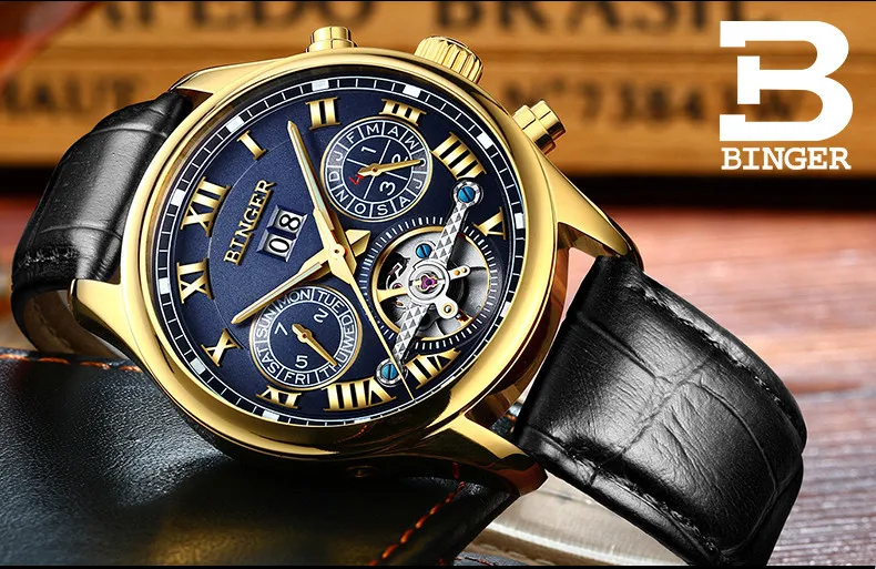 Швейцарские Бингер мужские часы люксовый бренд Tourbillon сапфир светящиеся несколько функций механические наручные часы B8602-7