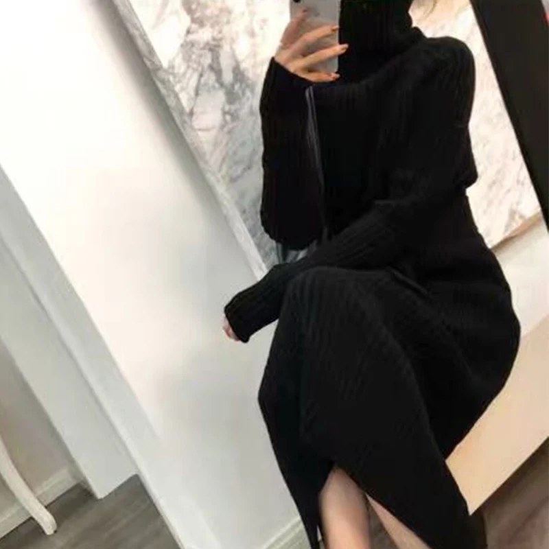 

Turtleneck knitted sweater dress ladies fall winter elastic cashmere bottoming shirt midlength over the knee thick sweater dress