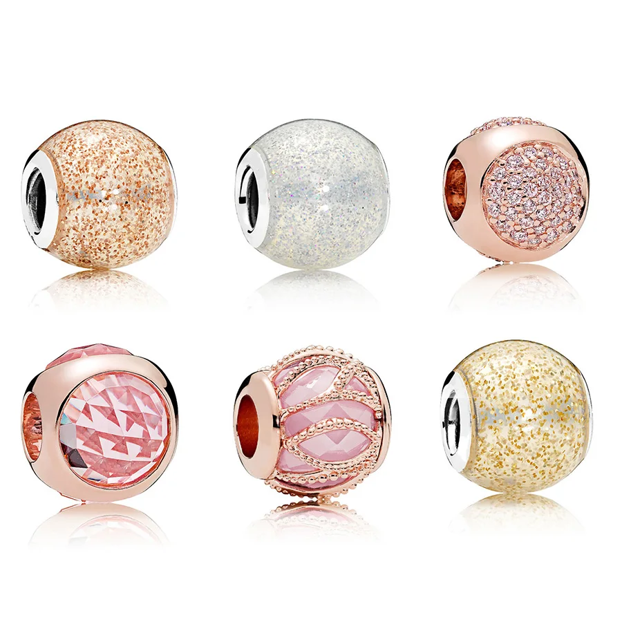 

925 Sterling Silver Glass Beads With Crystal Round Rose Gold Color Bead For Women Pandora Bracelet
