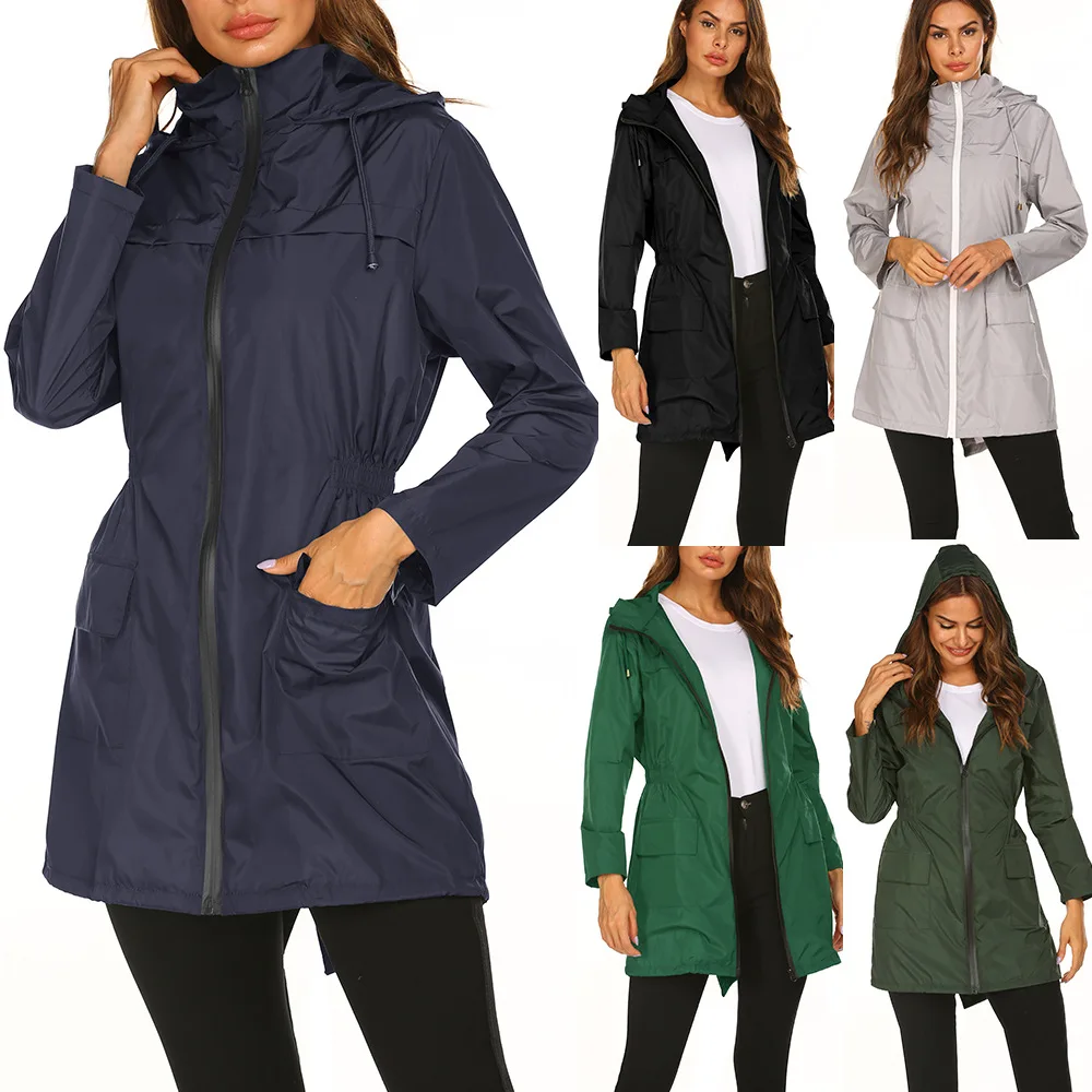 

Women Outdoor Waterproof Coat Autumn Winter Long Zip-up Fashion Raincoat Jacket Female Casual Solid Hooded Windbreaker Outwear
