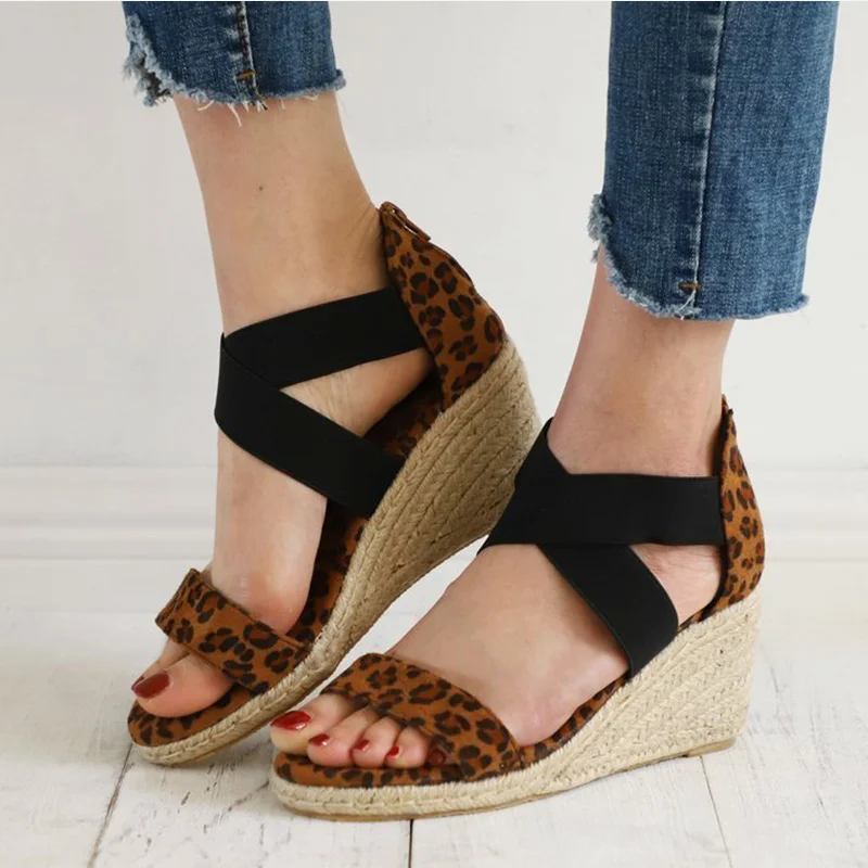 

Leopard Sandals For Women Summer Wedges Hemps Heels Zip Ladies Shoes Stretch Fabric Cross Tie Female Footwear 2021 Plus Size 43