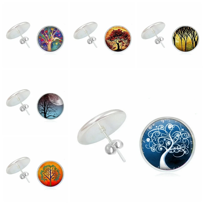 

Ladies Earrings Creative World Life Tree Glass Convex Round Stud Earrings Fashion Women Jewelry Gifts Children's Jewelry