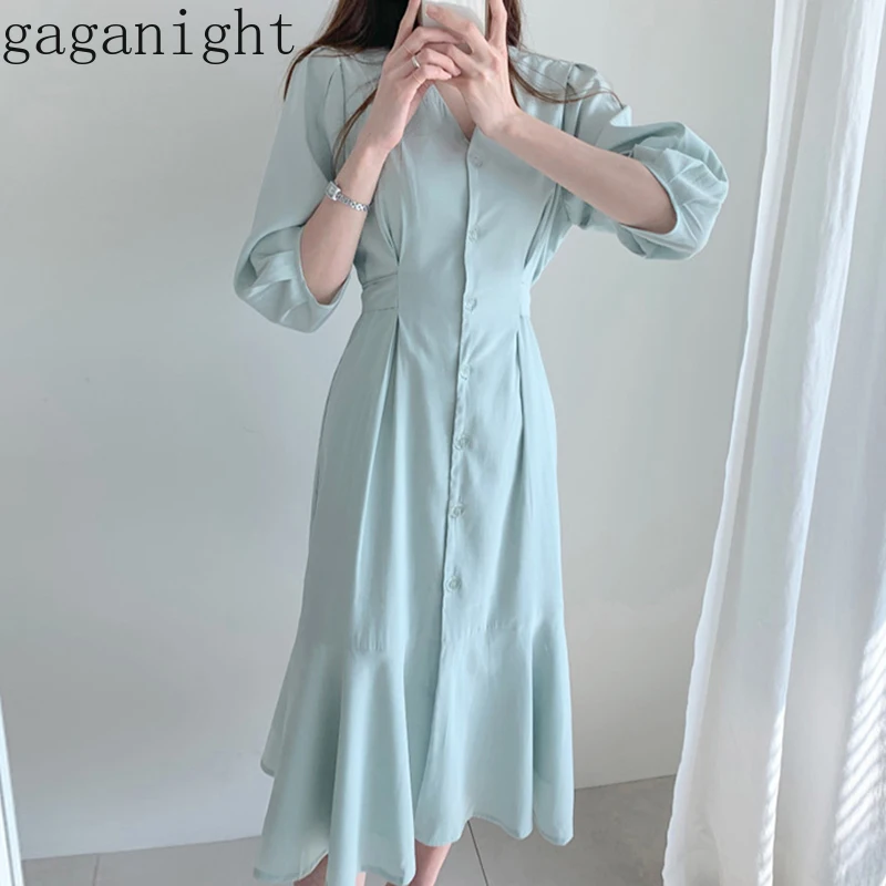 Женское однобортное облегающее платье Gaganight однотонное с длинным рукавом и