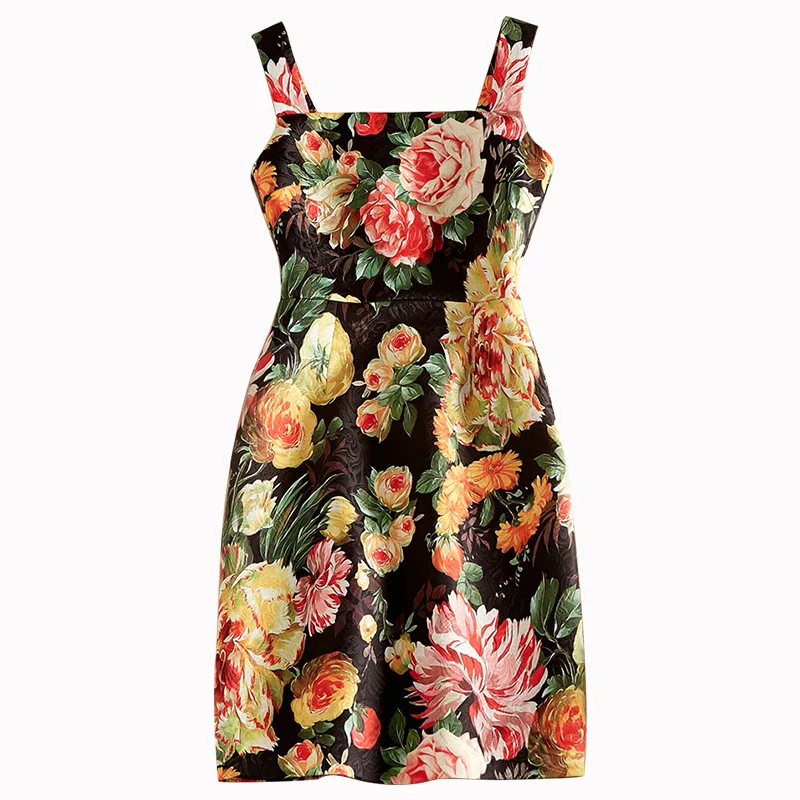 

High End Party Vintage Women Dress Ladies Elegant Sleeveless Women Dresses Summer Office Bodycon Spaghetti Strap Print Dress