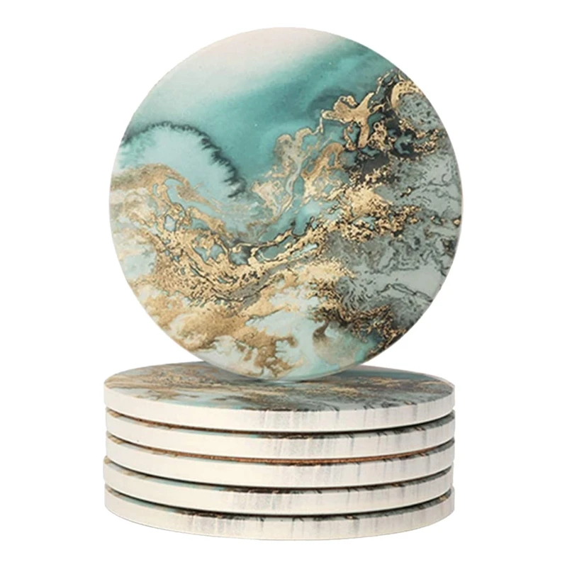 

Marble Pattern Coasters Set Of 6,Round Absorbent Stone Coaster Set With Ceramic Stone And Cork Base For Kinds Of Cups