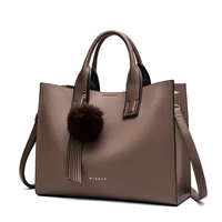 miyaco women leather handbags casual brown tote bags crossbody bag top handle bag with tassel and fluffy ball