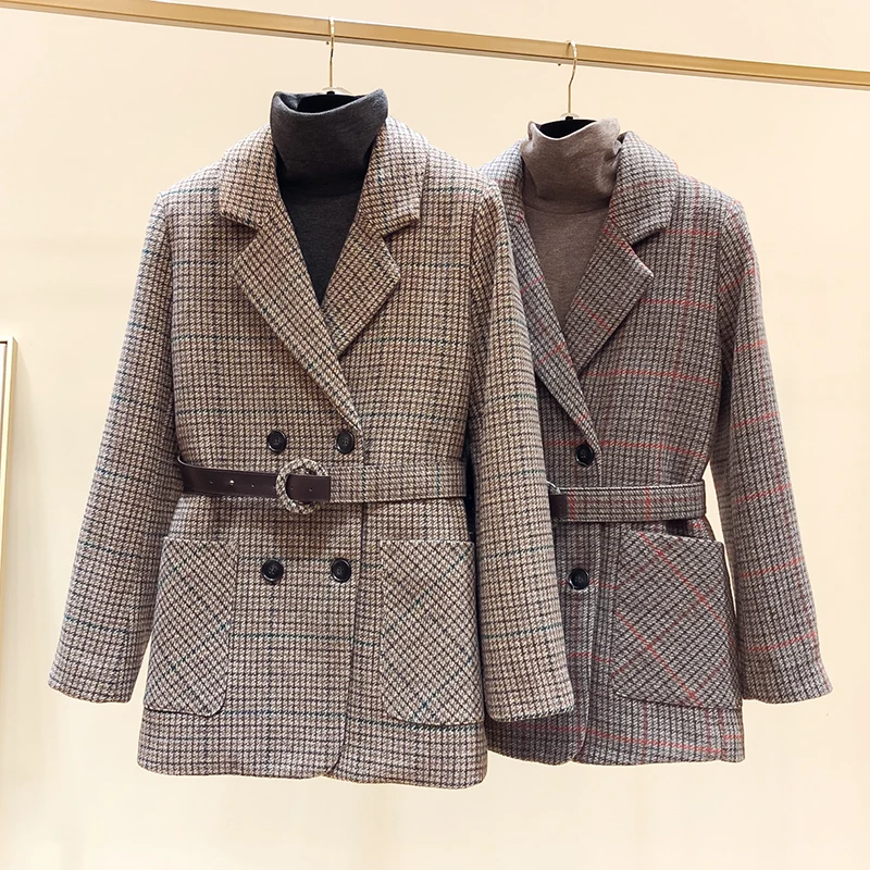 

Jacket Female Coat Thicken Suit Belt Loose Fashion Woman Double Row Buckle Chalaza Lattice Vintage Plus Size Boyfriend Outerwear