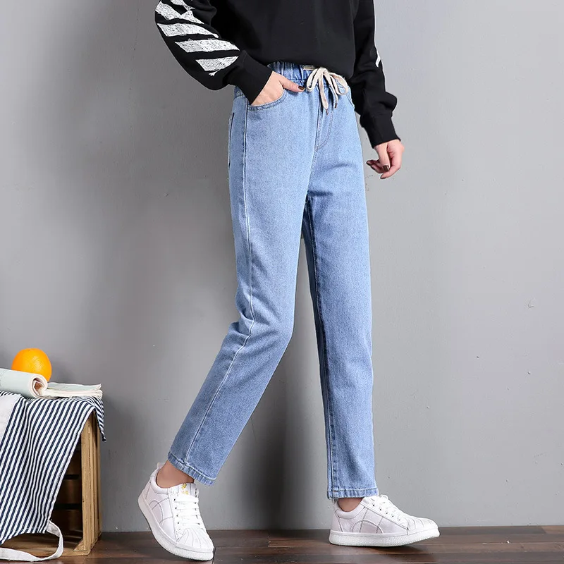 Women's Pants Trousers 2020 Korean Straight Leg Casual Elastic Waist Tie High Loose nine-point Sweatpants Women WBX688 | Женская