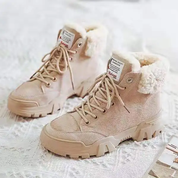

2021Women Snow Boots Beige Plush Warm Fur Causal Boots Shoes Sneakers Ankle Booties Platform Thick Sole Lace Up Winter Shoes