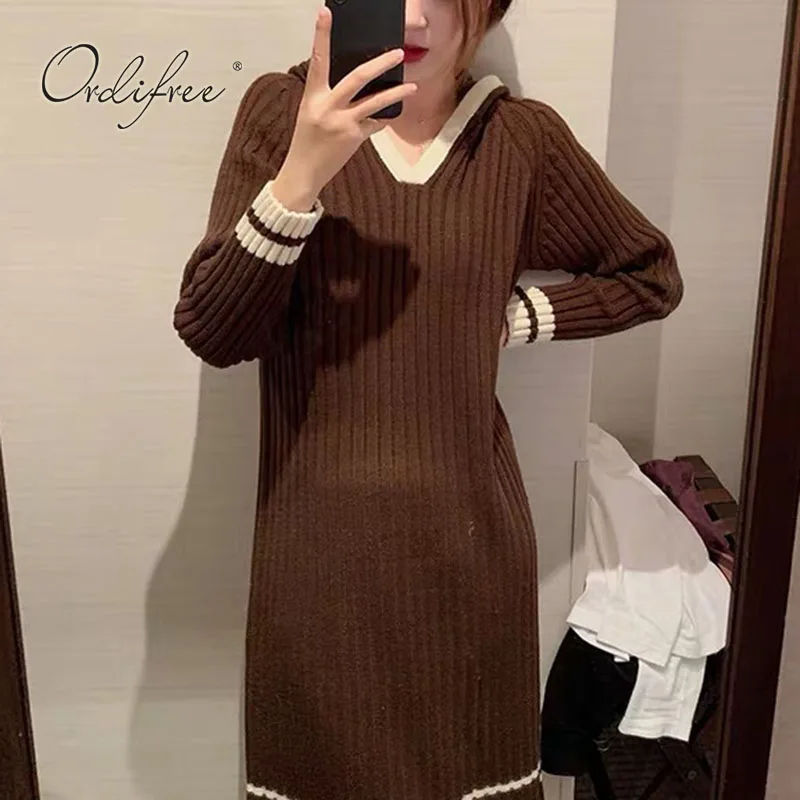 

Ordifree 2021 Autumn Winter Women Knitted Dress Long Sleeve Black Thick Warm Hooded Sweater Dress