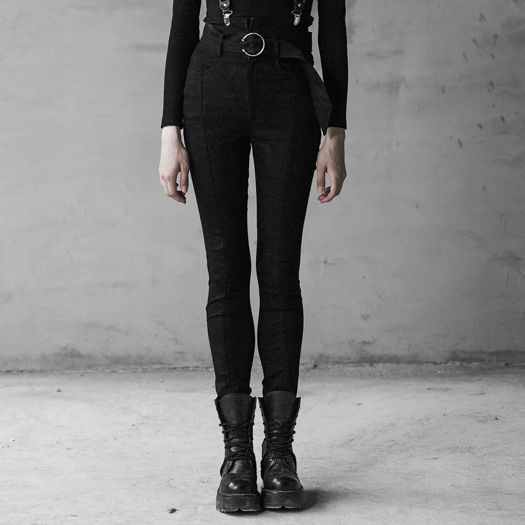 Женские джинсы в стиле панк контрастные цвета с высокой талией на ремешке со