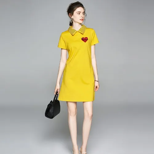 

Girl Fashion Love Pattern Beading Embroidery Long T-shirt Dresses Women Black Casual Striped Short Sleeve Knee-Length Dresses