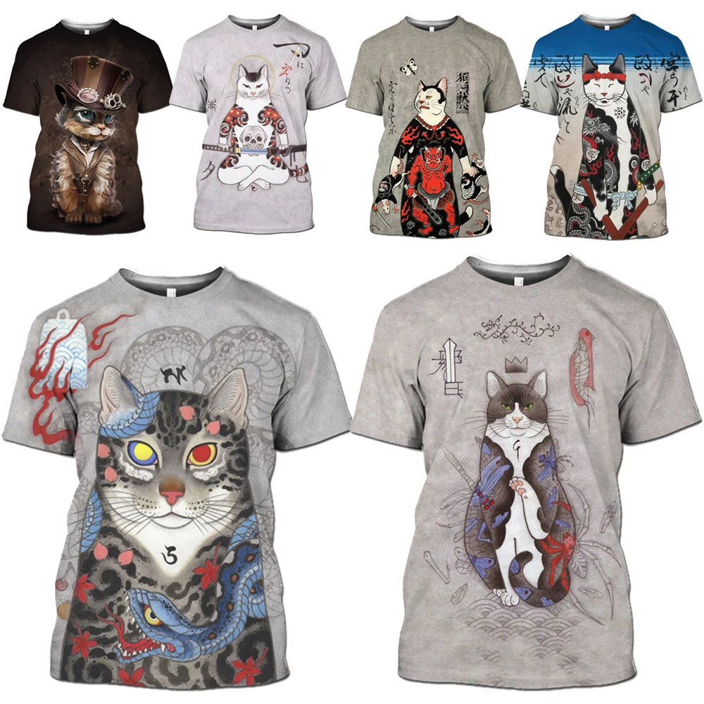 Мужская футболка Mamba Top с японским Самураем тату Кот забавная Летняя Повседневная
