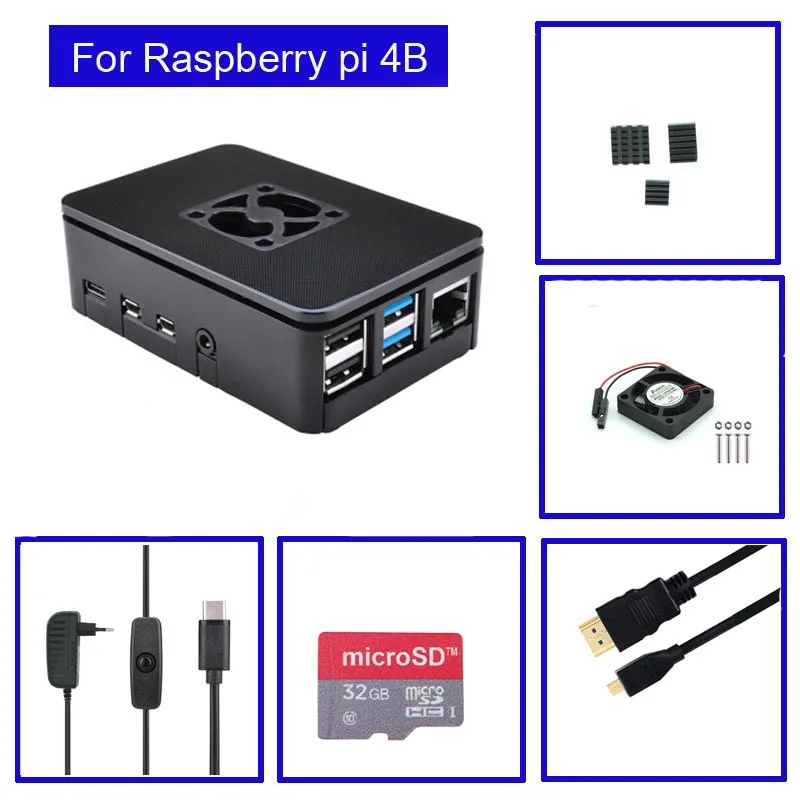 Чехол для Raspberry Pi 4 Model B из АБС пластика с вентилятором + теплоотвод SD карта 32 ГБ