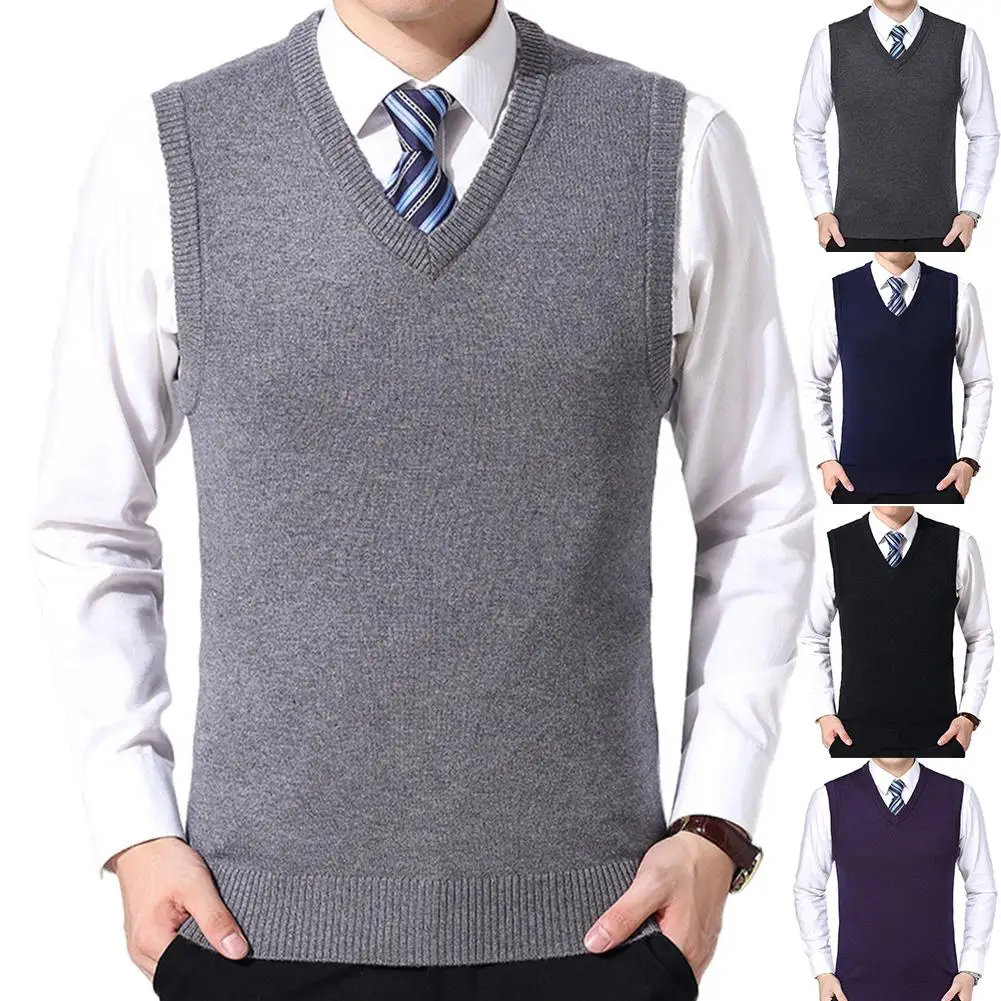 HOT SALES!!! Men Casual Winter Solid Color V Neck Sleeveless Knitted Woolen Plus Size Vest Knitted Woolen Vest Men Suit Vest