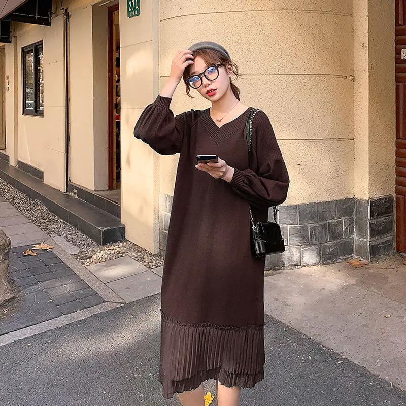 Плиссированное шифоновое платье свитер с подолом в стиле пэчворк Новинка весна