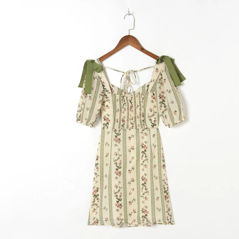 

Summer Women's Casual Flower Printed Square Neck Short Sleeve Bowknot Decorated Slim Dress