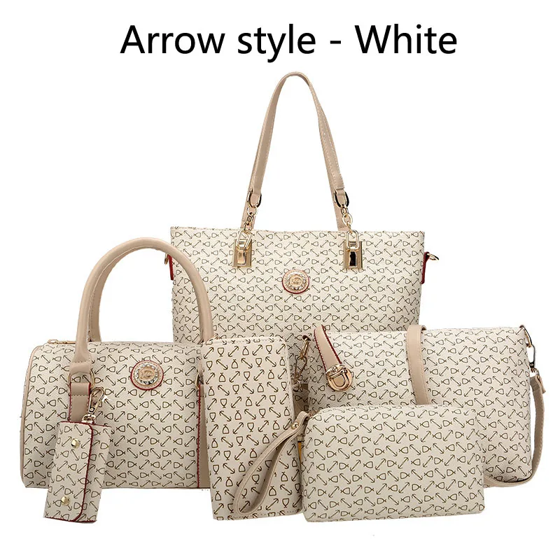 Arrow-White-6pcs Autumn New Fashion Women's Bag 6 Piece Set Plaid Bag Lady Slung Hand Bag Shoulder Messenger Composite Bag - Цвет: Arrow-White-6pcs