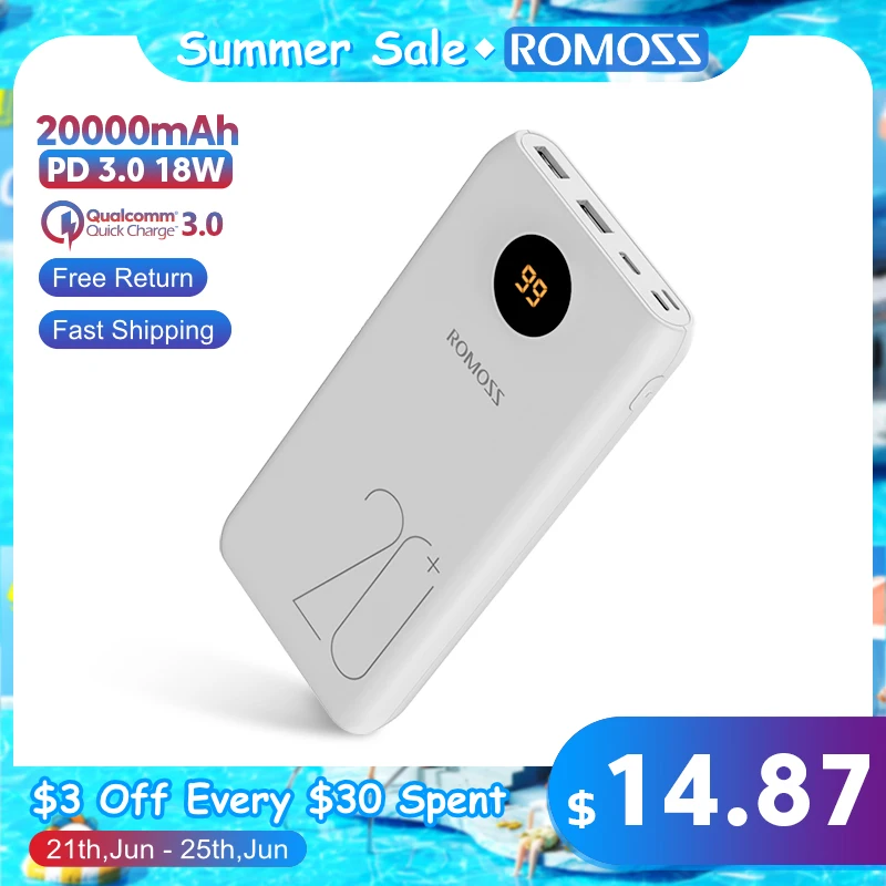 Внешний аккумулятор ROMOSS SW20 PS/Pro с 2 USB портами для телефонов iPhone Android поддержкой