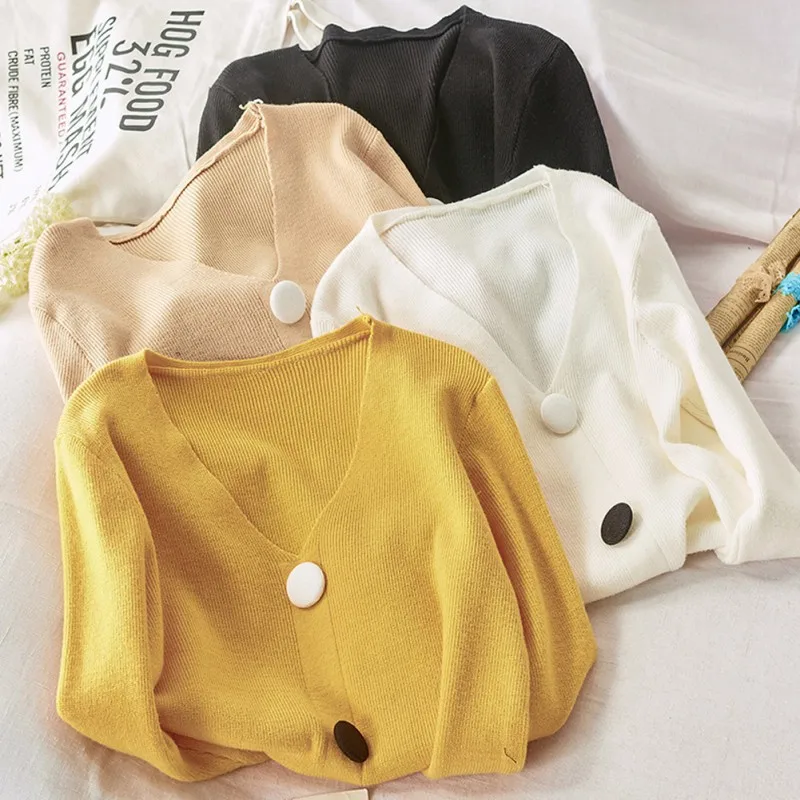 

Korean Solid Color Sweater Knitted Yellow Black White Loose Jumper Autumn Femme Korean Harajuku Pull Femme 2020