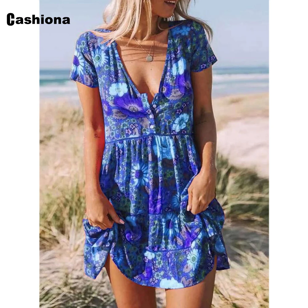 

Women Boho Flower Print Dress V-neck Loose Beach Dress 2021 Summer Casual Short Dresses Sexy Femme Clothing Plus Size S-5XL