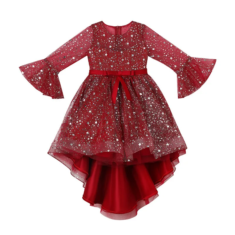 

2021 Spring and Autumn New Girl Bow Tail Skirt Children's Cute Bow Sweet Round Neck Star Sequined Mesh Long Sleeve Dress GD92