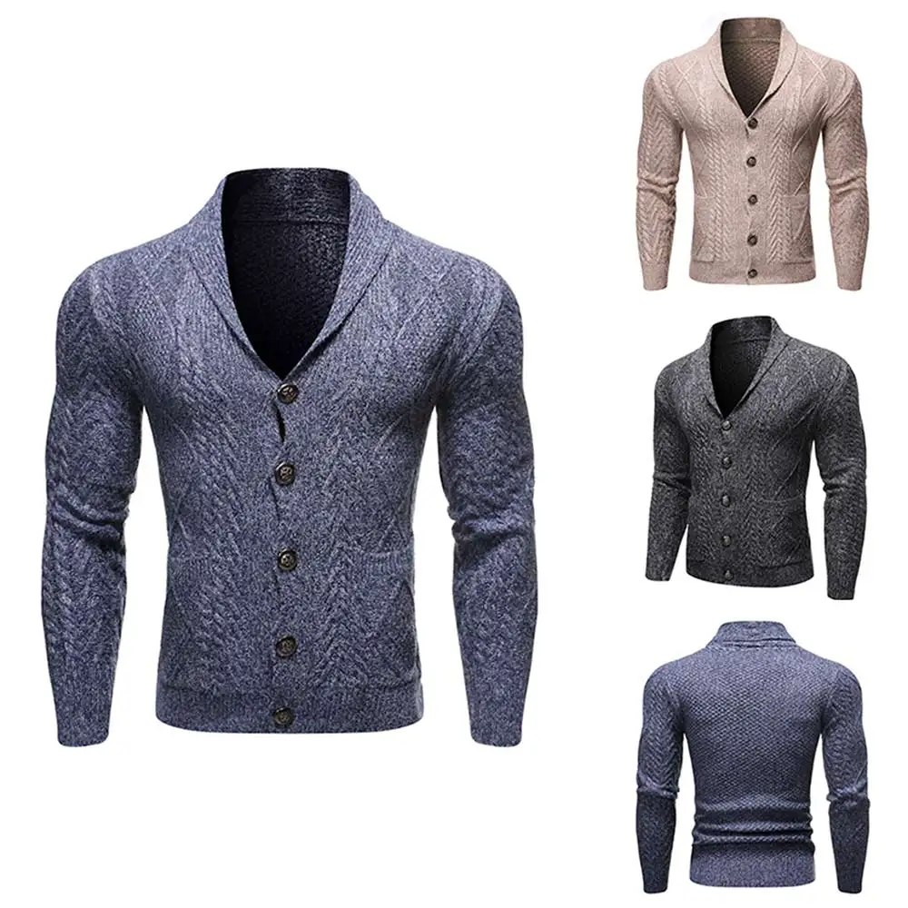 

Осенне-зимний теплый однотонный вязаный свитер, Мужской Повседневный Кардиган с отложным воротником, свитер, пальто, мужской свитер с карма...
