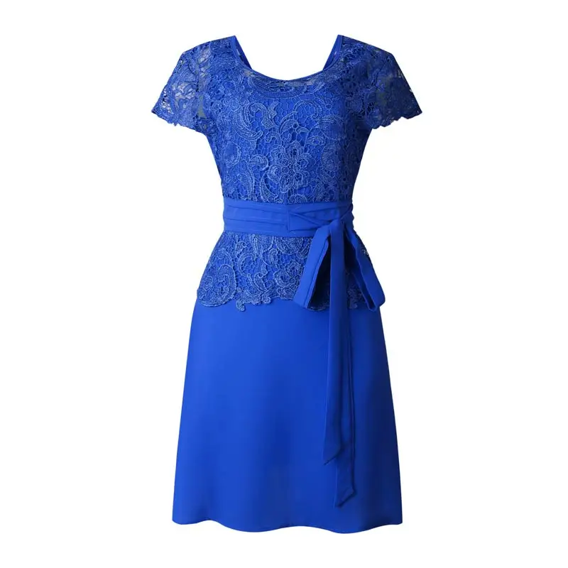 Blue MISSJOY Лето Новое Открытое платье одежда O-Neck вечерние однотонные Цвет Лоскутная повязка, кружева, шифон, для работы в офисе, женское платье элегантное платье - Цвет: Blue