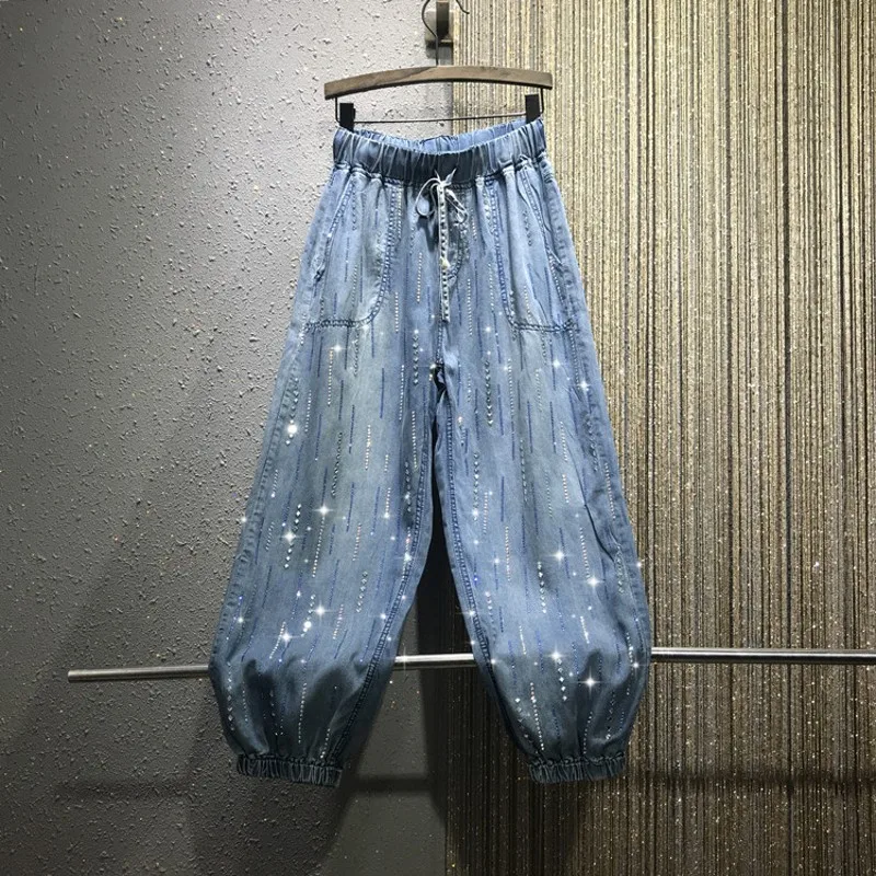 

2020 Summer Autumn New Jeans Women's Thin Colored Diamond Rhinestones Loose Elastic Waist Pants Girls Ladies Harem Pants