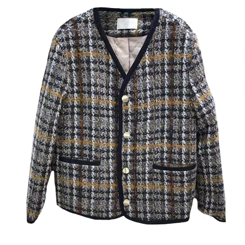 

Autumn and winter new Korean vintage tweed coat female joker V collar show thin loose plaid top trend