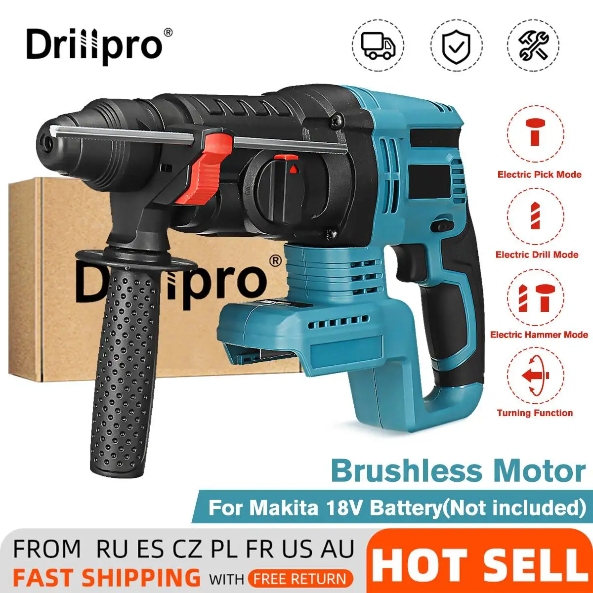 

Drillpro 18V Rechargeable Brushless Cordless Rotary Hammer Drill Electric Demolition Hammer Impact Drill for Makita 18V Battery