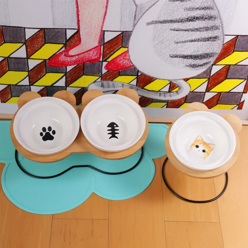 

High-end Pet Bowl Bamboo Shelf Ceramic Feeding and Drinking Bowls for Dogs and Cats Cute Dog Bowl Pet Feeder Accessories
