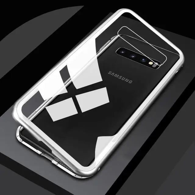 Магнитный металлический прозрачный стеклянный чехол для samsung Galaxy S10 S9 S8 Plus, противоударный чехол, Магнитный флип-чехол для S10 Plus, Fundas Capa - Цвет: Серебристый