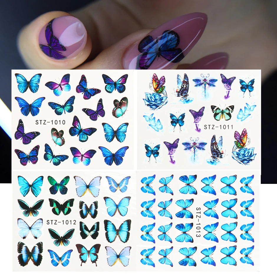 

4 in 1 Blue Butterflies Sliders Nail Stickers Sets Colorful Large Butterfy Water Nail Design for Manicure Decor GLSTZ1010-1013